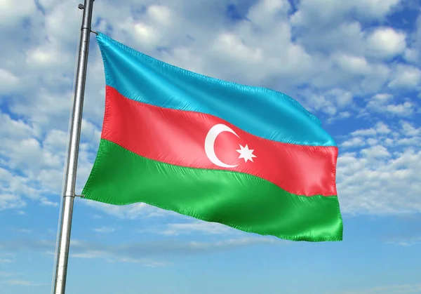 Azerbeidzjan Vlag Zwaaien Vlaggenmast Met Sky Achtergrond Realistische Illustratie — Stockfoto