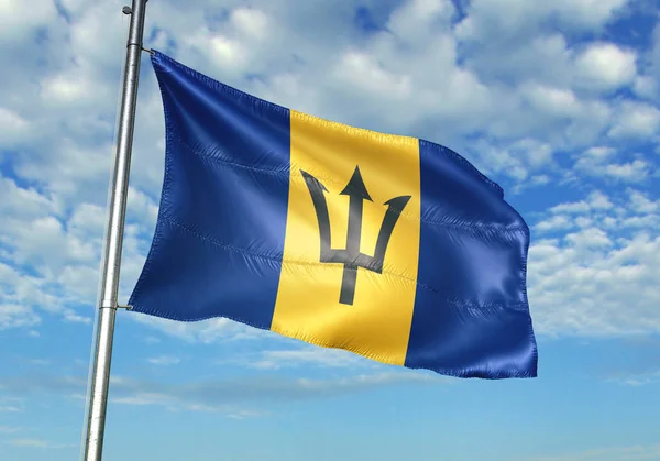 Barbados Flag Waving Flagpole Sky Background Realistic Illustration — Stock Photo, Image