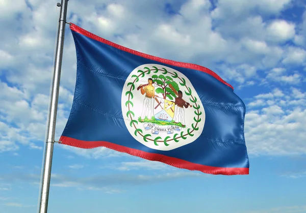 Belize Flagge Weht Auf Fahnenmast Mit Himmel Auf Hintergrund Realistische — Stockfoto