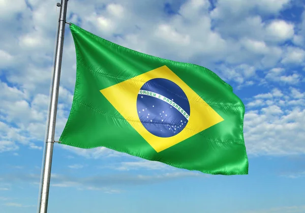 Βραζιλία Σημαία Κυματίζει Στο Κοντάρι Της Σημαίας Ουρανό Φόντο Ρεαλιστική — Φωτογραφία Αρχείου