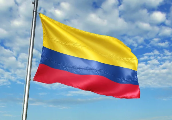 Kolumbia Zászló Integet Zászlórúd Háttérben Valósághű Illusztráció — Stock Fotó