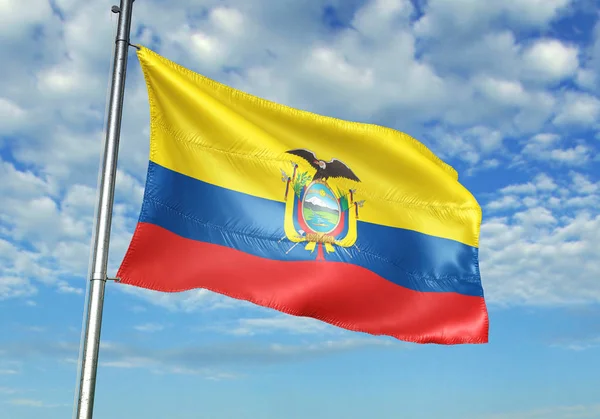 Ecuador Zászló Integet Zászlórúd Háttérben Valósághű Illusztráció — Stock Fotó