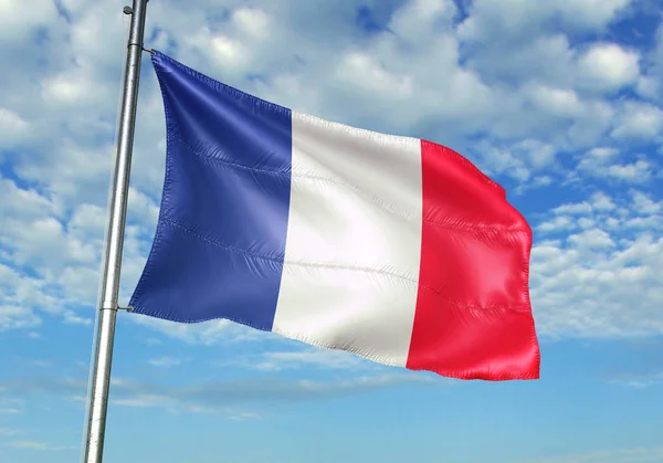 Bandeira França Acenando Mastro Com Céu Fundo Ilustração Realista — Fotografia de Stock