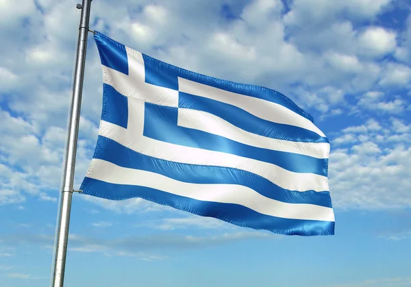 Griechische Flagge Weht Auf Fahnenmast Mit Himmel Auf Hintergrund Realistische — Stockfoto