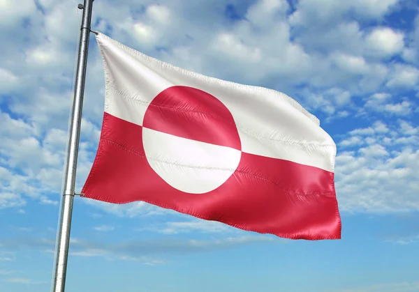 格陵兰旗子在旗杆挥动与天空在背景现实的3D — 图库照片
