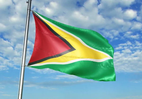 ガイアナの国旗背景リアルな イラスト空と旗竿に手を振る — ストック写真