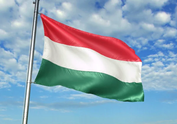 Hungary flag waving on flagpole with sky on background realistic 3d illustration