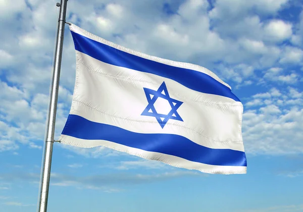 Bandera Israel Ondeando Asta Bandera Con Cielo Fondo Ilustración Realista — Foto de Stock