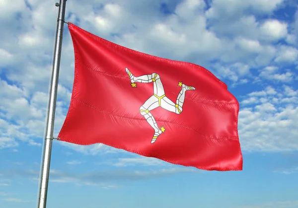 Νήσος Του Mann Σημαία Κυματίζει Στο Κοντάρι Της Σημαίας Ουρανό — Φωτογραφία Αρχείου