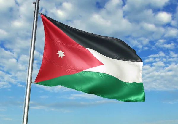 Jordanië Vlag Zwaaien Vlaggenmast Met Sky Achtergrond Realistische Illustratie — Stockfoto