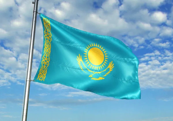 Kazachstan Vlag Zwaaien Vlaggenmast Met Sky Achtergrond Realistische Illustratie — Stockfoto