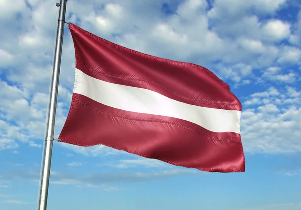 Latvia Flag Waving Flagpole Sky Background Realistic Illustration — Stock Photo, Image