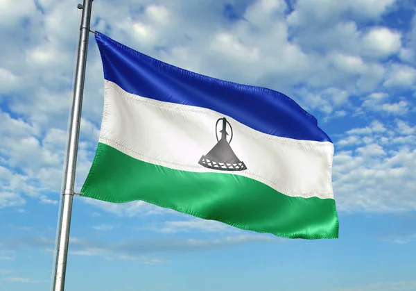 Флаг Лесото Размахивающий Флагштоке Небом Заднем Плане Реалистичная Иллюстрация — стоковое фото