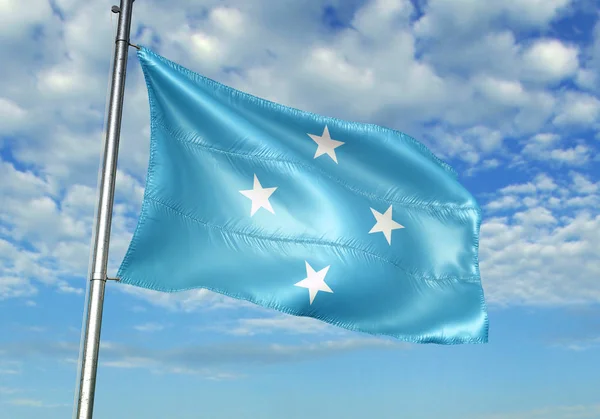 Micronesia Vlag Zwaaien Vlaggenmast Met Sky Achtergrond Realistische Illustratie — Stockfoto