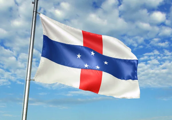 Netherlands Antilles flag waving on flagpole with sky on background realistic 3d illustration