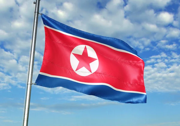 Noord Korea Vlag Zwaaien Vlaggenmast Met Sky Achtergrond Realistische Illustratie — Stockfoto