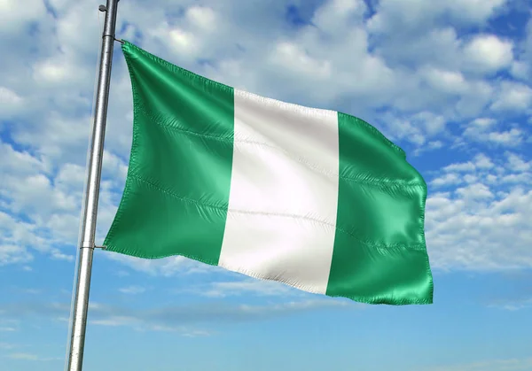 Nigeria Flag Waving Flagpole Sky Background Realistic Illustration — Stock Photo, Image