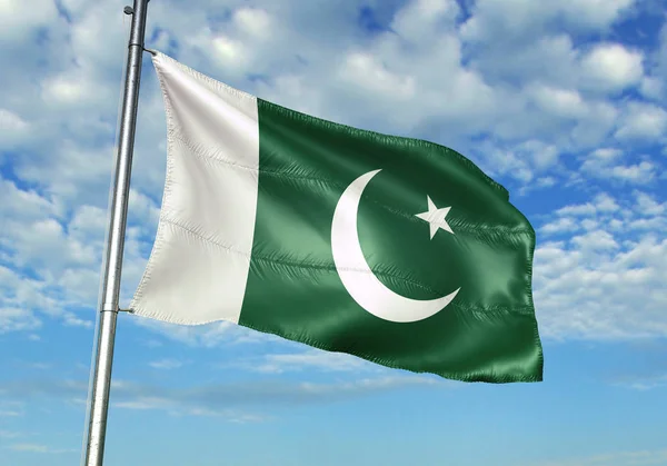 Pakistan Flagga Vajande Flaggstång Med Sky Bakgrunden Realistisk Illustration — Stockfoto