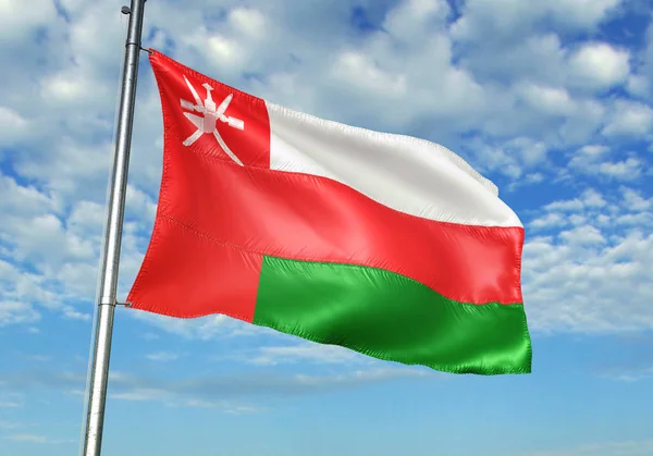 Drapeau Oman Agitant Sur Mât Drapeau Avec Ciel Sur Fond — Photo