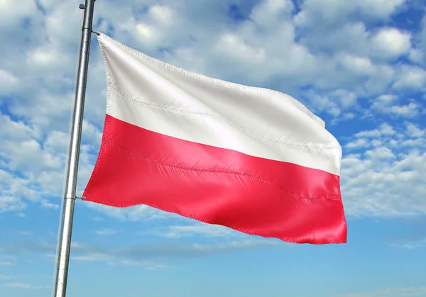 Флаг Польши Размахивающий Флагштоке Небом Фоне Реалистической Трехмерной Иллюстрации — стоковое фото