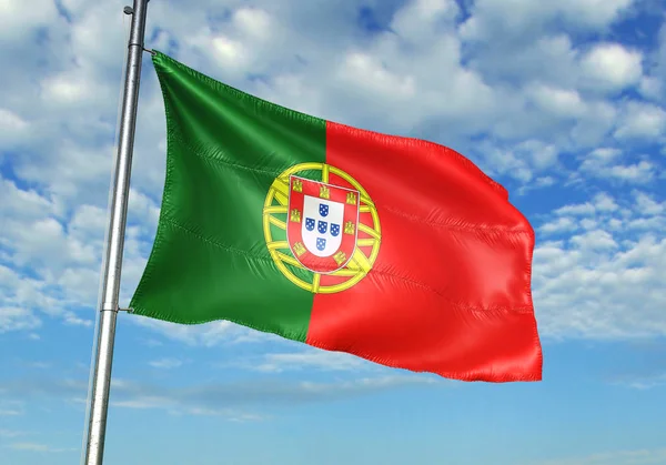 Portugal flag waving on flagpole with sky on background realistic 3d illustration