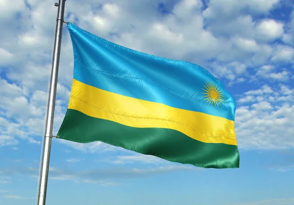 Bandera Ruanda Ondeando Sobre Asta Bandera Con Cielo Sobre Fondo — Foto de Stock