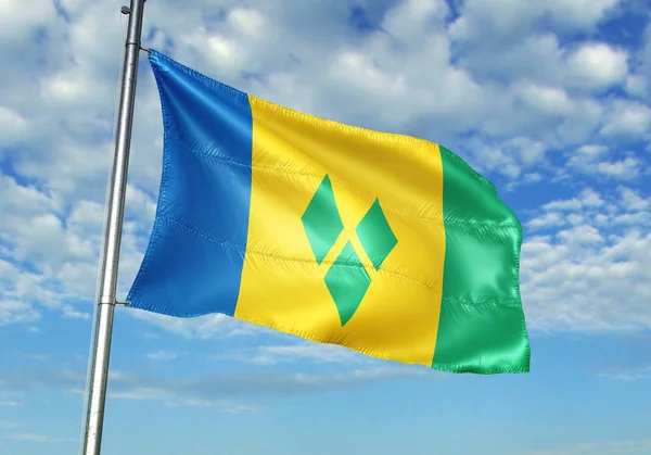 São Vicente Granadinas Bandeira Acenando Mastro Com Céu Fundo Ilustração — Fotografia de Stock