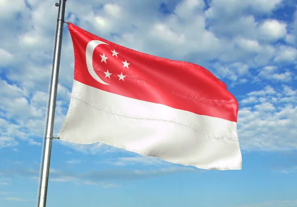 Bandeira Singapura Acenando Mastro Com Céu Fundo Ilustração Realista — Fotografia de Stock