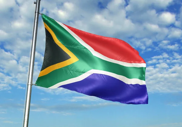 空が背景のリアルな イラストで旗竿に手を振る南アフリカ共和国国旗 — ストック写真