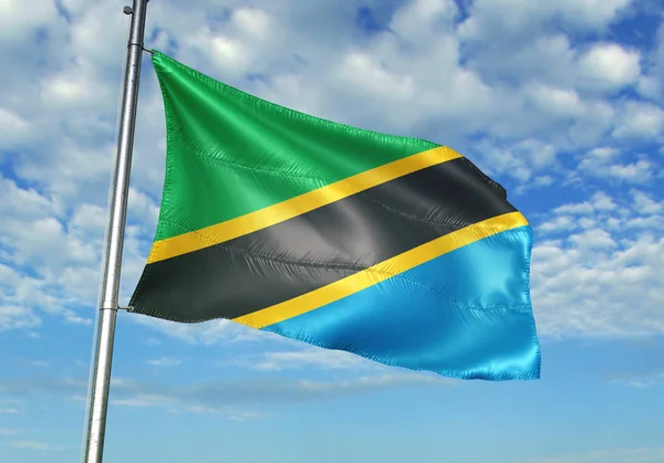 Флаг Танзании Размахивающий Флагштоке Небом Фоне Реалистичной Трехмерной Иллюстрации — стоковое фото