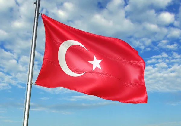 Turkiet Flagga Vajande Flaggstång Med Sky Bakgrunden Realistisk Illustration — Stockfoto