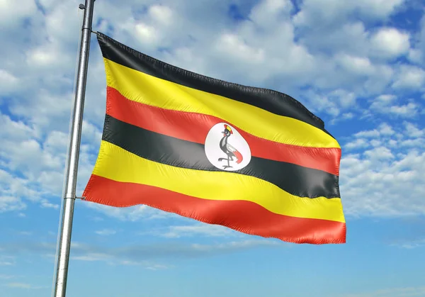 Bandeira Uganda Acenando Mastro Com Céu Fundo Ilustração Realista — Fotografia de Stock