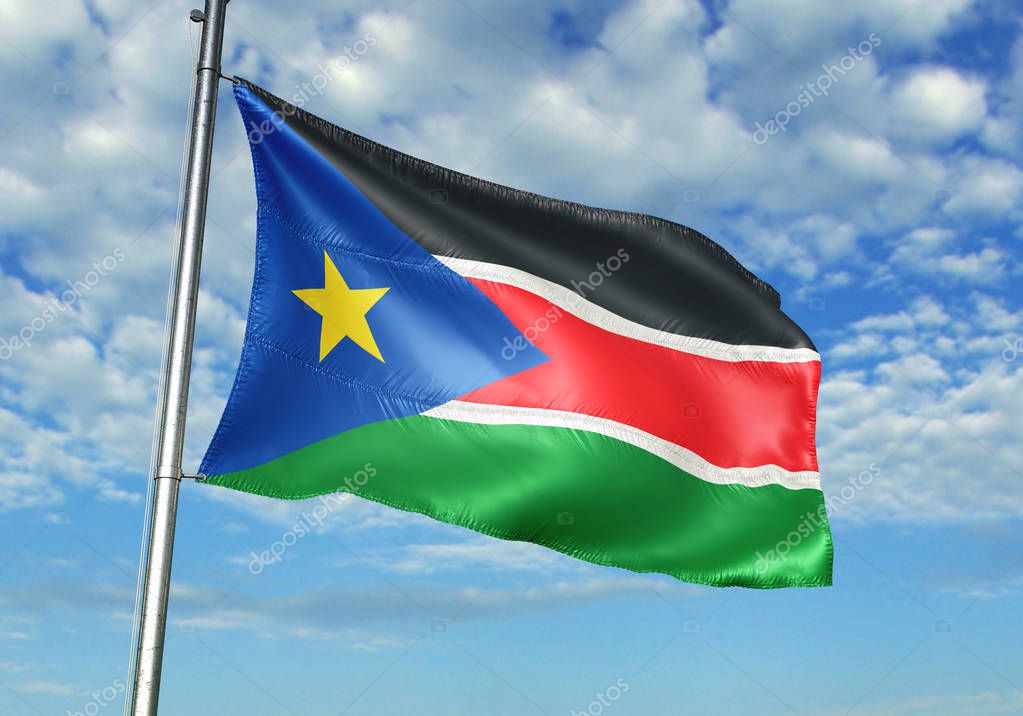 Bandera De Sudán Del Sur Ondeando Sobre Asta De La Bandera Con Cielo Sobre Fondo Ilustración 3d