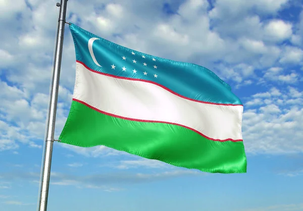 Oezbekistan Vlag Zwaaien Vlaggenmast Met Sky Achtergrond Realistische Illustratie — Stockfoto