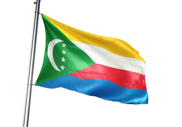 Comore Szigetek Comore Szigeteki Zászló Integet Elszigetelt Fehér Háttér Valósághű — Stock Fotó