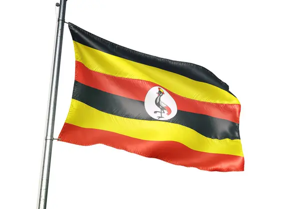 Oeganda Oegandese Vlag Wapperend Geïsoleerd Een Witte Achtergrond Realistische Illustratie — Stockfoto