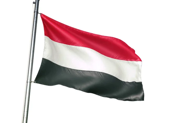 也门也门 Yemeni 国旗挥舞孤立的白色背景现实的3D — 图库照片