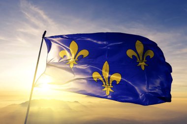 Fransa bayrağı Tekstil Kumaş kumaş üst gündoğumu sis sis üzerinde sallayarak Ile-de-France bölge