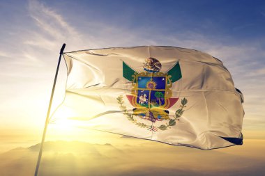 Queretaro state of Mexico flag textile cloth fabric waving on the top sunrise mist fog clipart