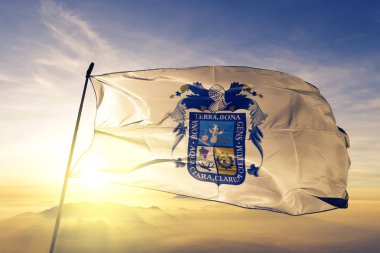 Aguascalientes devlet Meksika bayrağı tekstil kumaş üst gündoğumu sis sis üzerinde sallayarak