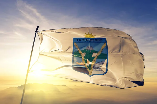 Tacuarembo Departamento Uruguay Bandera Tela Textil Ondeando Parte Superior Niebla — Foto de Stock