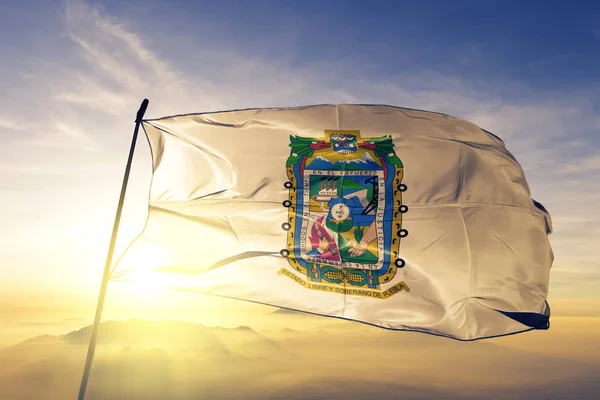 Puebla State Mexico Flag Textile Cloth Fabric Waving Top Sunrise — Stock Photo, Image