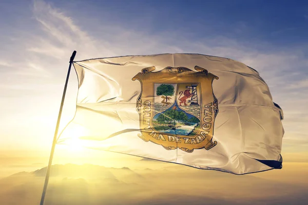 Coahuila State Mexico Flag Textile Cloth Fabric Waving Top Sunrise — Stock Photo, Image