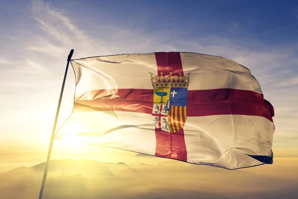 Zaragoza Provinsen Spanien Flagga Textil Tyg Viftar Den Översta Sunrise — Stockfoto