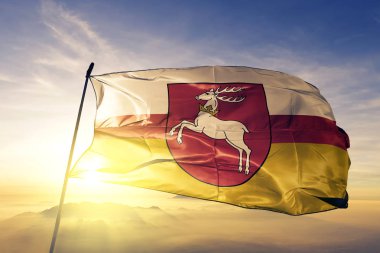 Lublin Voyvodalığı il Polonya bayrak tekstil kumaş üst gündoğumu sis sis üzerinde sallayarak