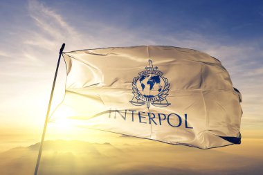 Uluslararası Ceza polis örgütü Interpol bayrak Tekstil Kumaş kumaş üst gündoğumu sis sis üzerinde sallayarak