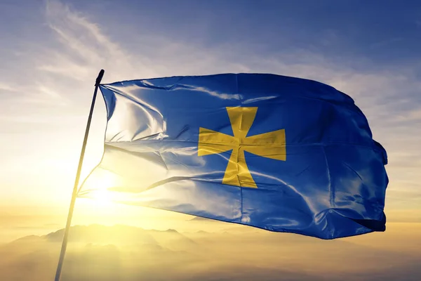 Poltava Oblast Ukraina Flagga Textil Tyg Viftar Den Översta Sunrise — Stockfoto
