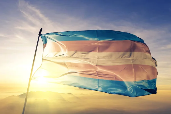 Transgender Pride Flag Textile Cloth Fabric Waving Top Sunrise Mist — Stock Photo, Image