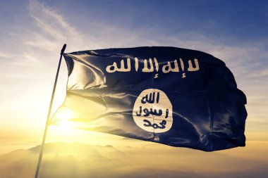 El-Kaide üzerinde üst gündoğumu sis sis sallayarak İslami Mağrip Aqim Isis bayrak Tekstil Kumaş kumaş