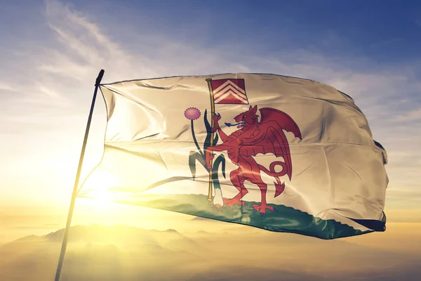 Cardiff Wales Flag Textile Cloth Fabric Waving Top Sunrise Mist — Stock Photo, Image